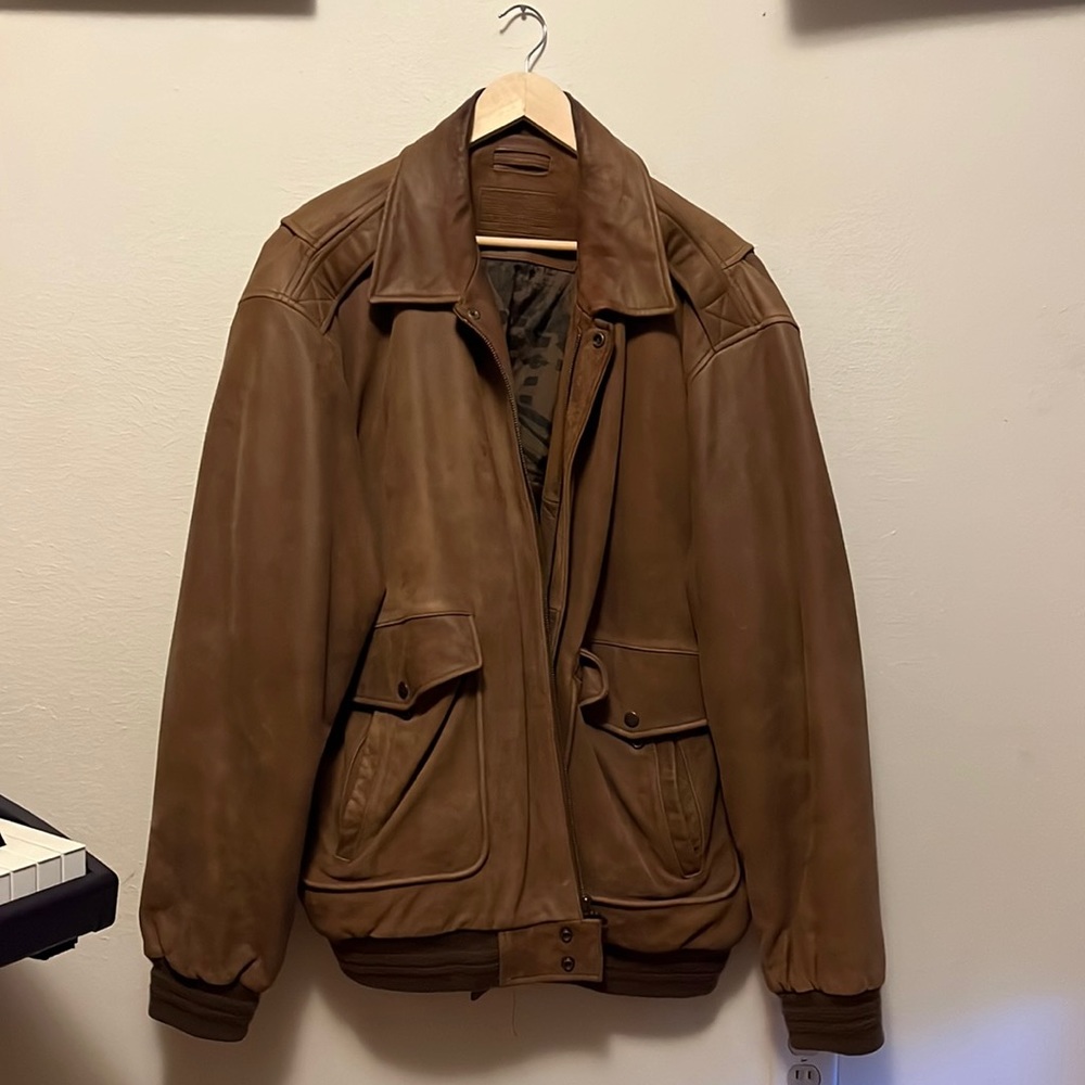 Roundtree & Yorke Distressed Leather Bomber Jacket Brown Full Zip Size XLT